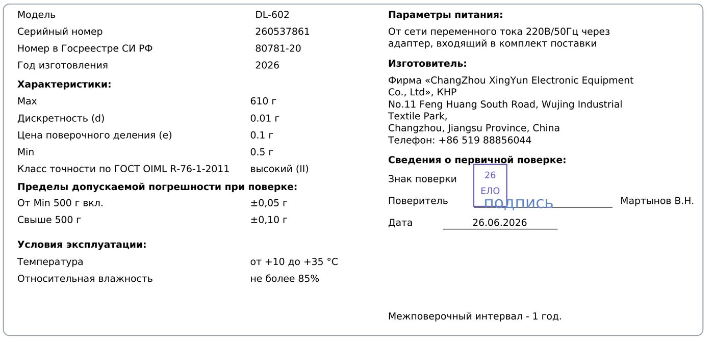 Свидетельство о поверке весов DL-602, серийный номер 260537861
