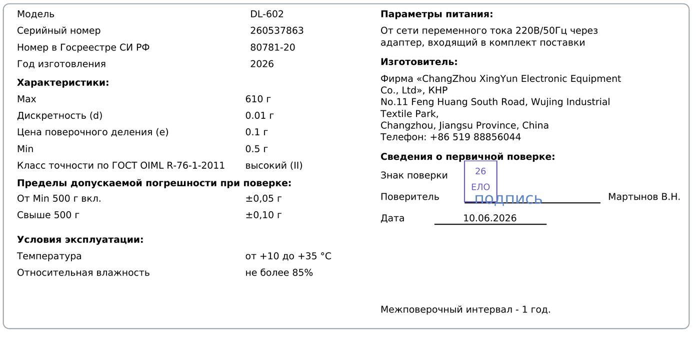 Свидетельство о поверке весов DL-602, серийный номер 260537863